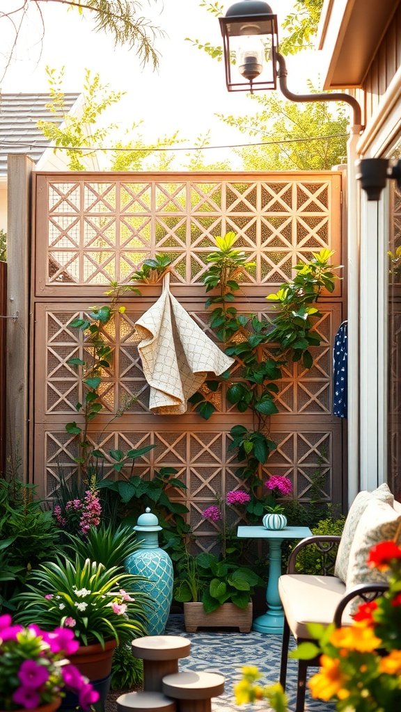 Decorative lattice privacy fence with plants and flowers in a patio setting.