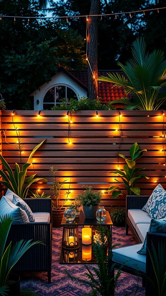 A cozy outdoor seating area with a lit wooden privacy fence adorned with plants.