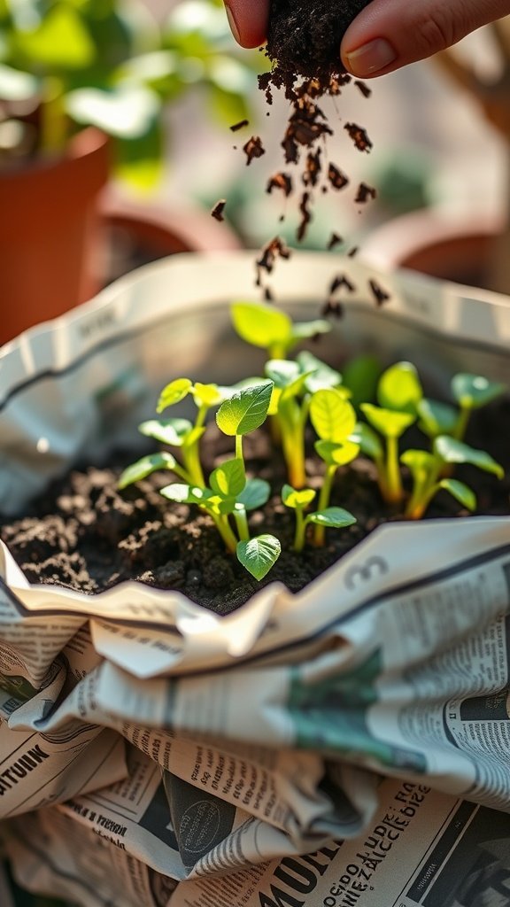 A hand sprinkling soil over seedlings in a pot lined with newspaper, showcasing a creative gardening hack.