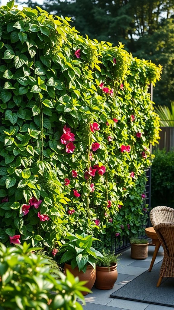 A vibrant living wall privacy fence covered with green leaves and pink flowers, with potted plants at the base.