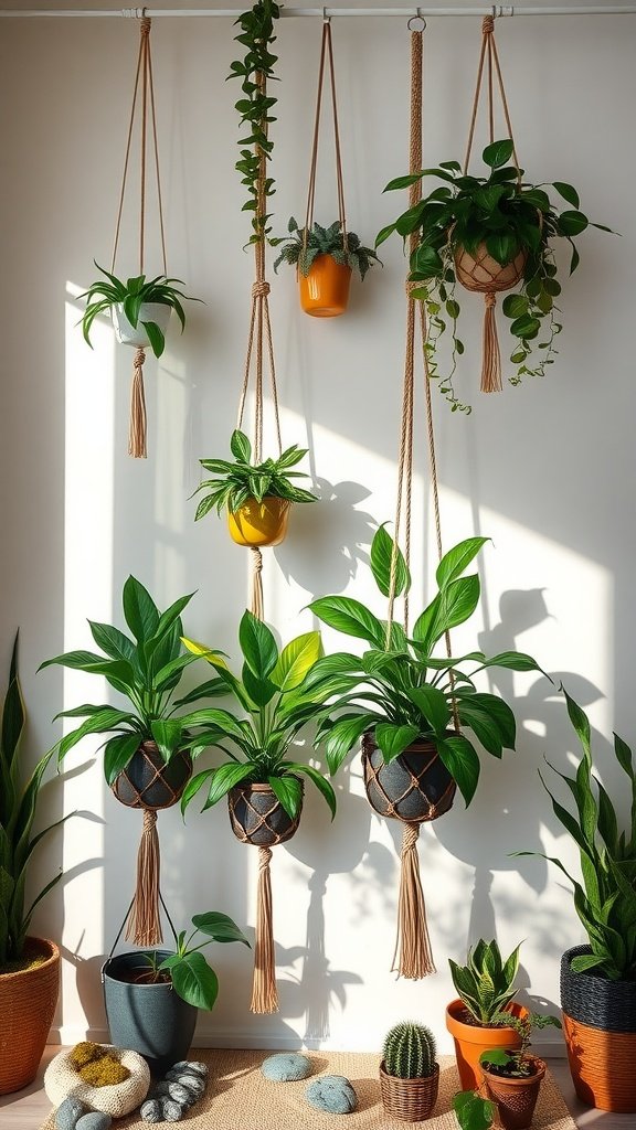 A collection of macrame hanging plant holders displaying various indoor plants.