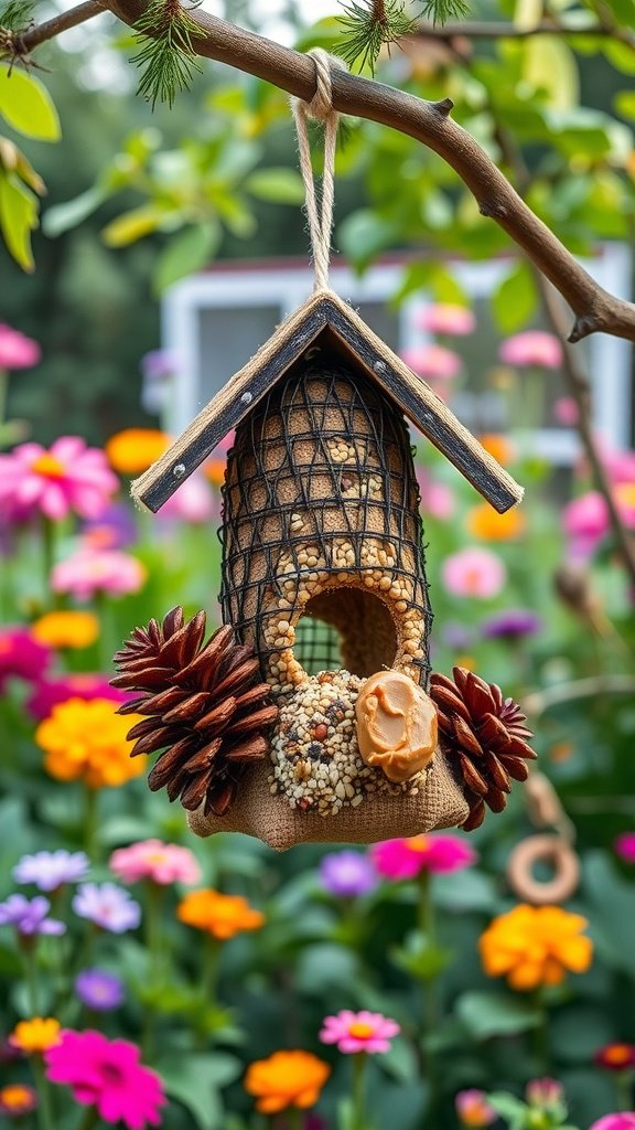 A DIY bird feeder made from a pinecone, decorated with seeds and hanging from a tree branch, surrounded by colorful flowers.