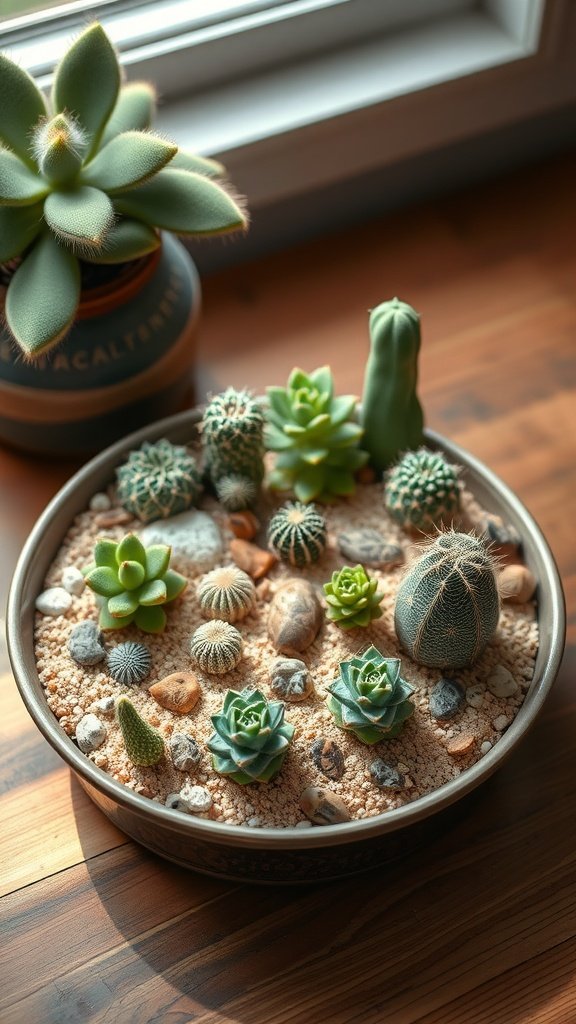 A shallow baking dish filled with various succulents and cacti arranged on sand and stones.