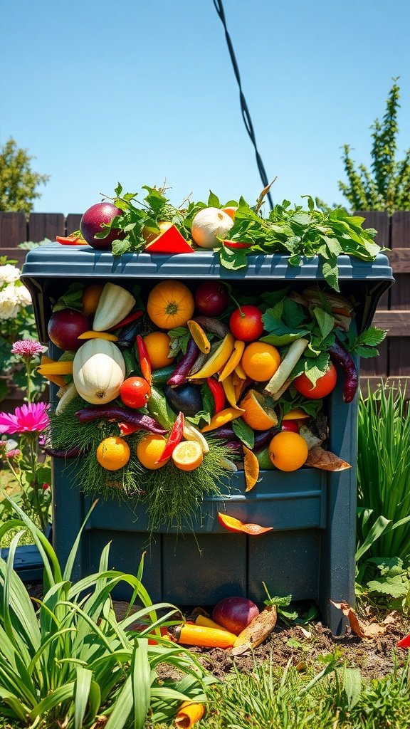 A compost bin overflowing with colorful fruits and vegetables, surrounded by green grass and flowers.