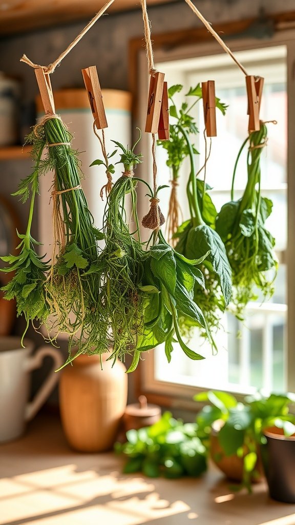 A homemade herb drying rack with various herbs hanging from string using clothespins.