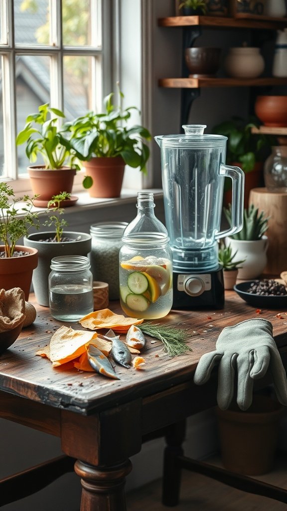 A kitchen workspace featuring a blender, jars, and plant scraps, perfect for making homemade fish emulsion fertilizer.