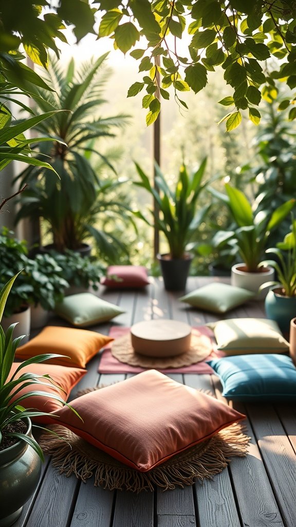 A serene meditation deck with colorful cushions surrounded by lush greenery