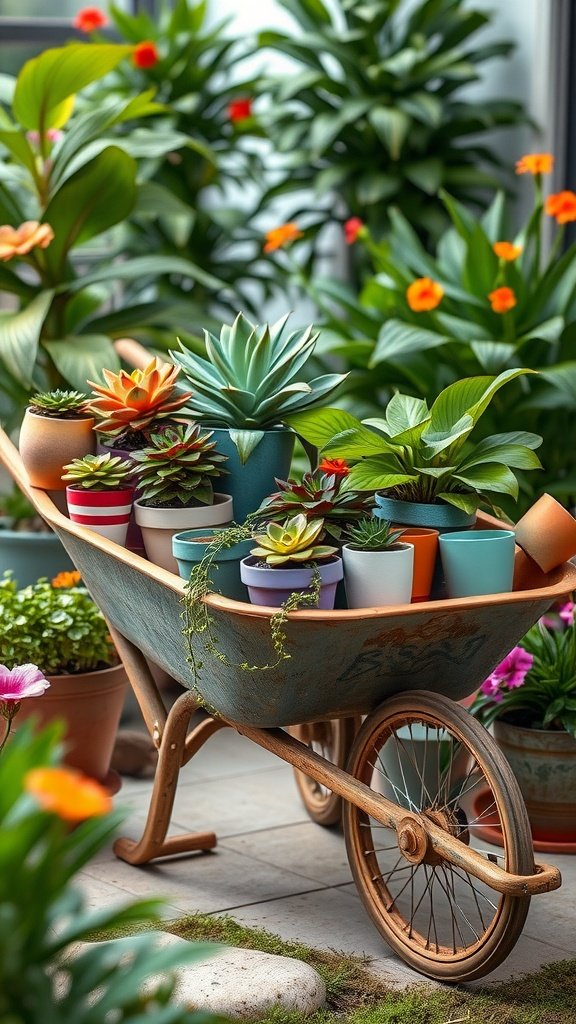 A colorful metal wheelbarrow filled with small planters showcasing various plants.