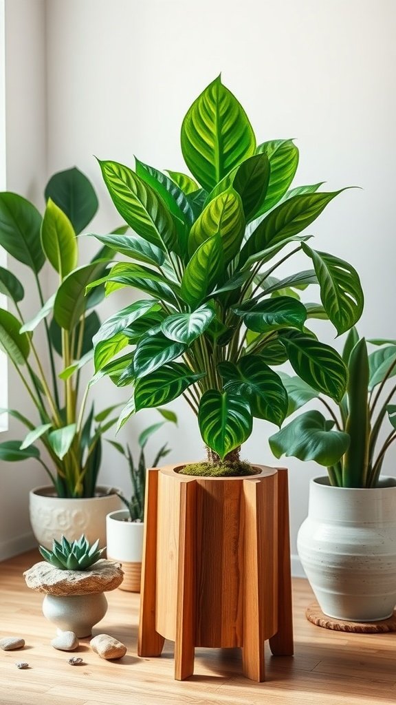 Mid-century modern wooden plant stand with a lush green plant on top, surrounded by other plants.