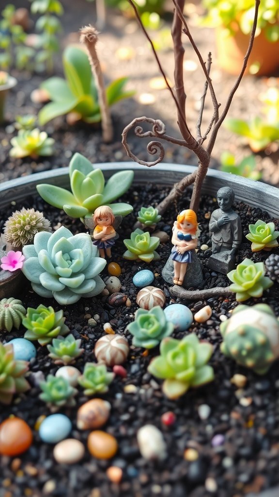 A miniature fairy garden featuring money plants with tiny figurines and colorful pebbles.