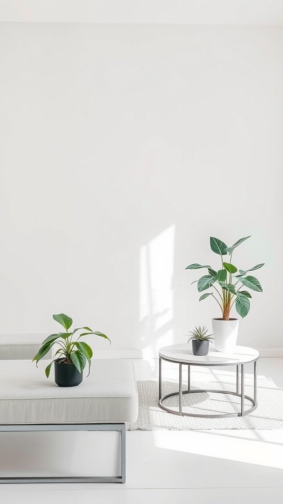 A minimalist living room with plants and white walls, featuring a couch and a coffee table.