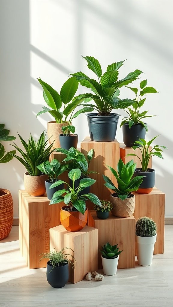 A stylish arrangement of indoor plants displayed on minimalist wooden blocks, showcasing a variety of plant sizes and colors.