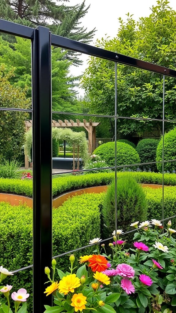 A garden scene featuring mirror panels reflecting greenery and flowers, creating a sense of spaciousness.