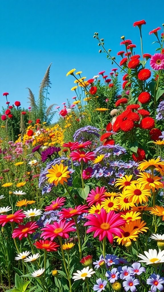 A vibrant garden filled with various colorful flowers under a clear blue sky.