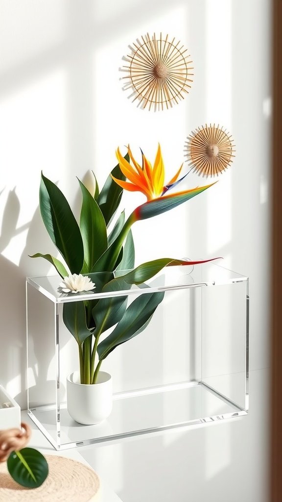 Acrylic shelf with a Bird of Paradise plant and decorative wall art