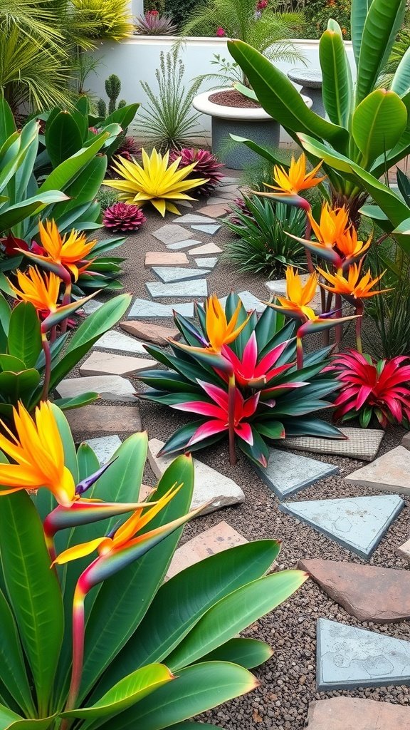 Vibrant garden with Bird of Paradise plants arranged around a geometric stone pathway.