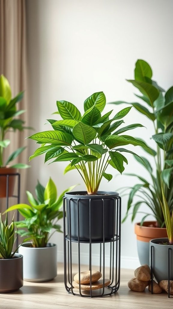 A sleek black metal plant stand holding a plant, surrounded by various other potted plants in an indoor setting.