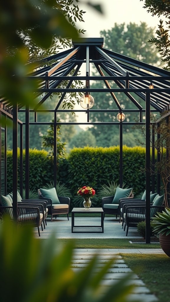 A modern glass and metal gazebo with stylish seating and decorative lighting