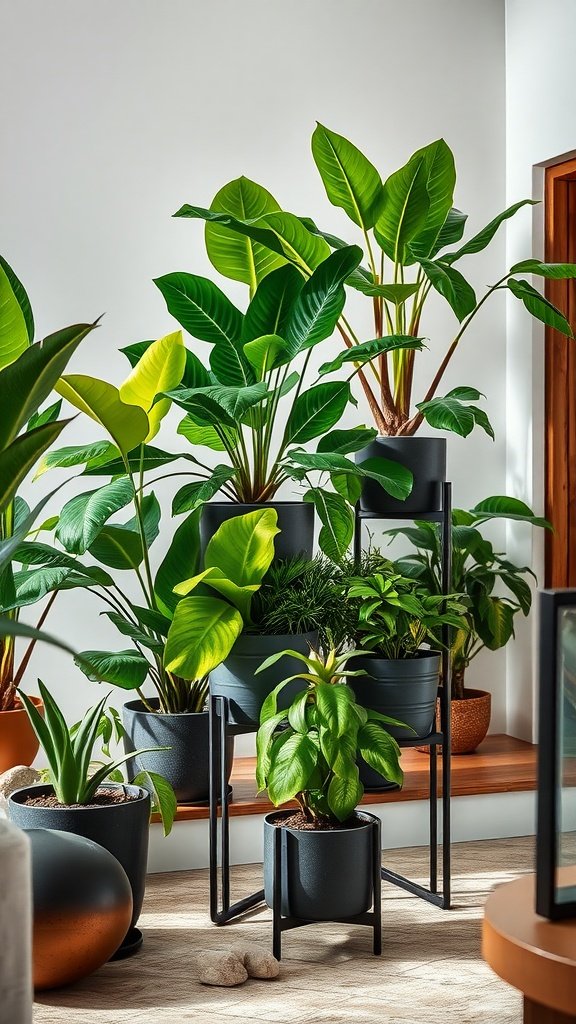 Modern rustic metal plant stands displaying various green plants in a living space