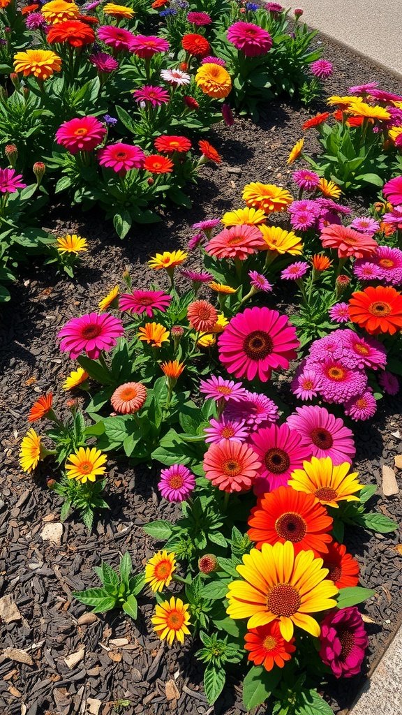 Colorful flowers blooming surrounded by dark mulch