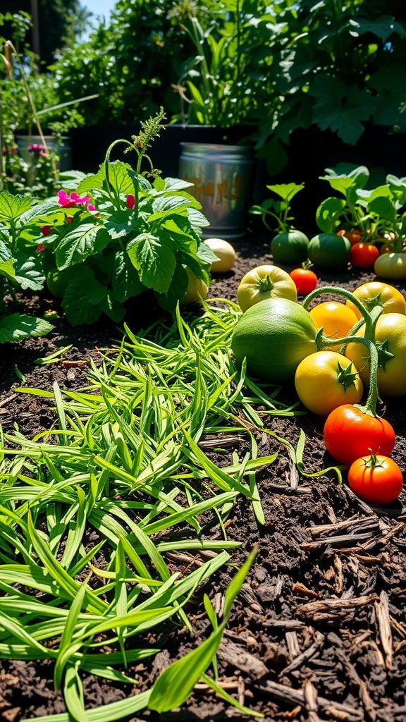 A vibrant vegetable garden featuring various plants and grass clippings as mulch.