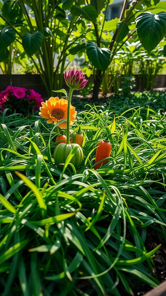 A colorful garden with flowers and grass clippings mulch