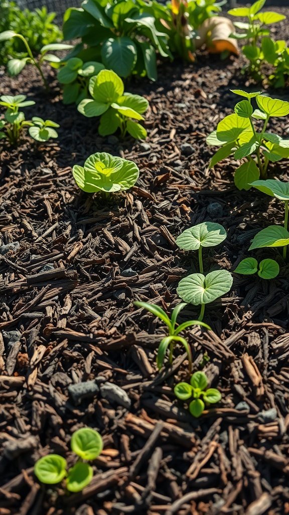 A garden bed with plants growing amid brown mulch for moisture retention and weed suppression.