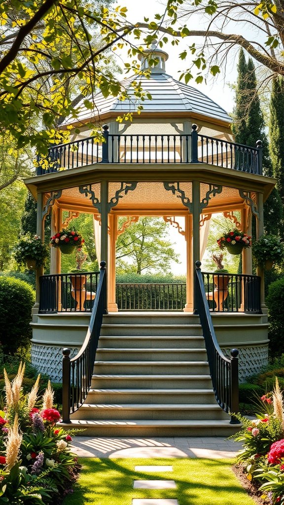 A beautiful multi-level gazebo with steps surrounded by lush greenery and colorful flowers