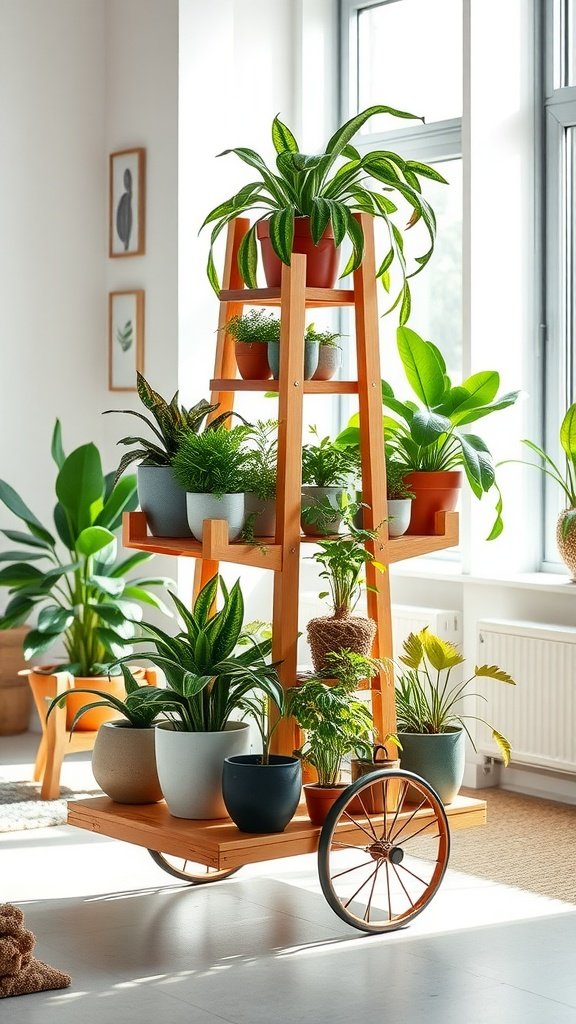 A multi-tiered wooden plant stand cart with wheels, displaying various potted plants in a bright indoor space.