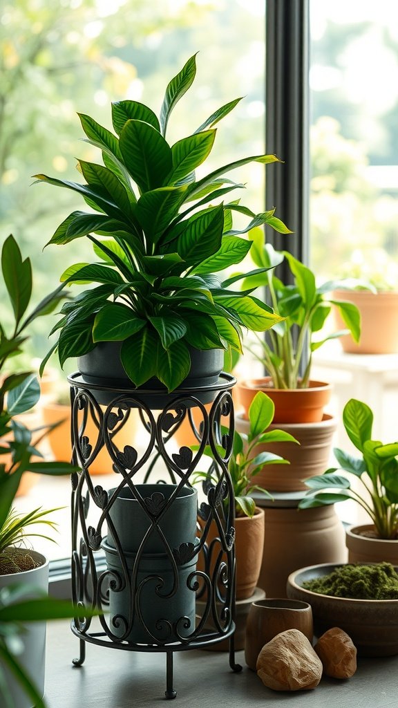 A nature-inspired metal plant stand with leaf motifs showcasing a lush green plant, surrounded by other plants in pots.