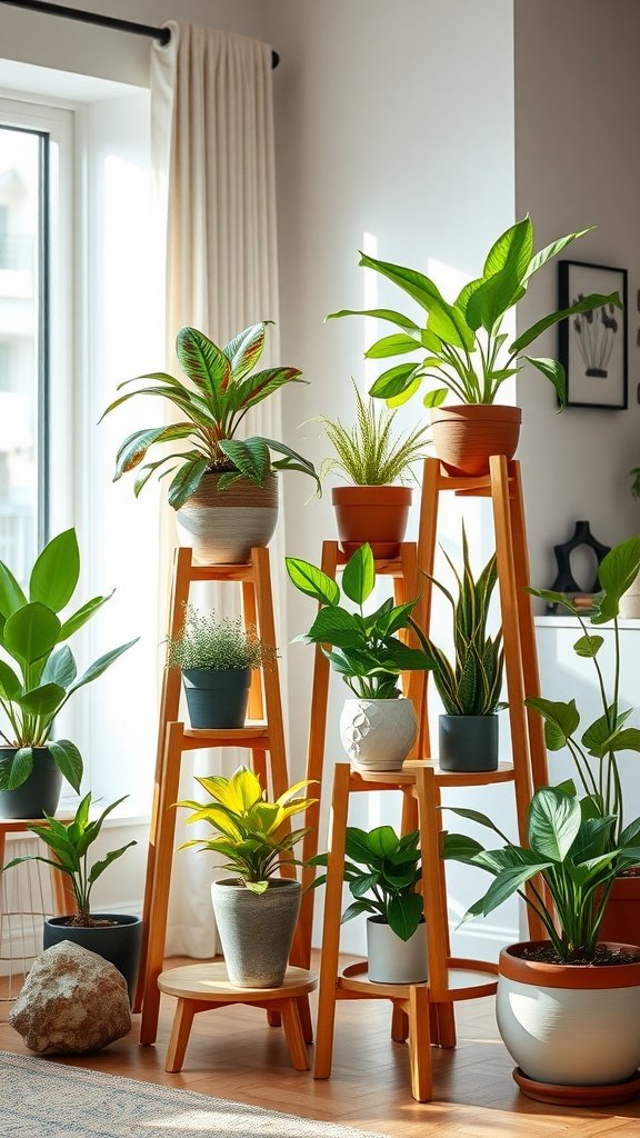 A collection of nested wooden plant stands with various plants at different heights, set in a bright indoor space.