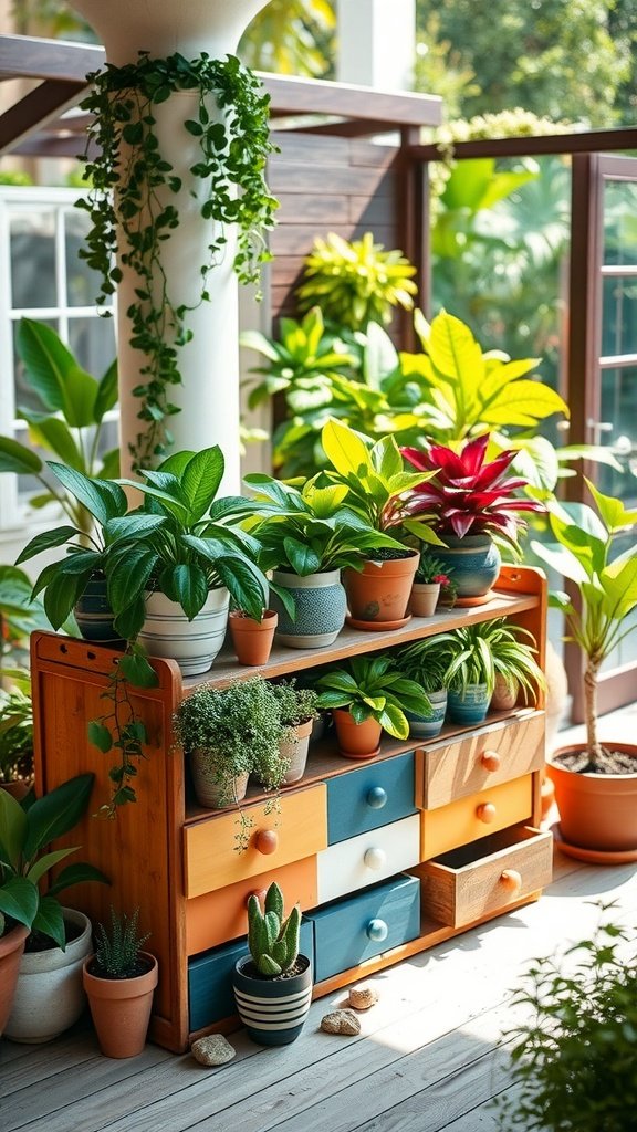 Colorful old drawer display with various plants in pots, surrounded by greenery.