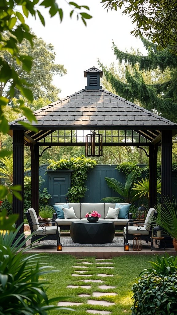 An open-air gazebo with a stylish roof, cozy seating, and greenery, perfect for outdoor gatherings.