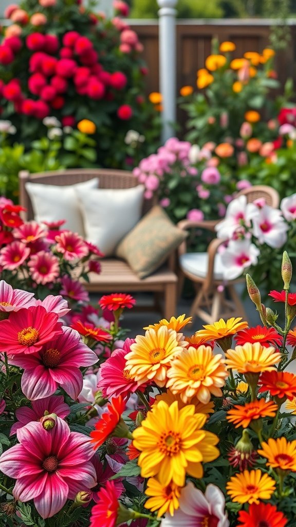 A colorful garden with bright flowers and outdoor seating.