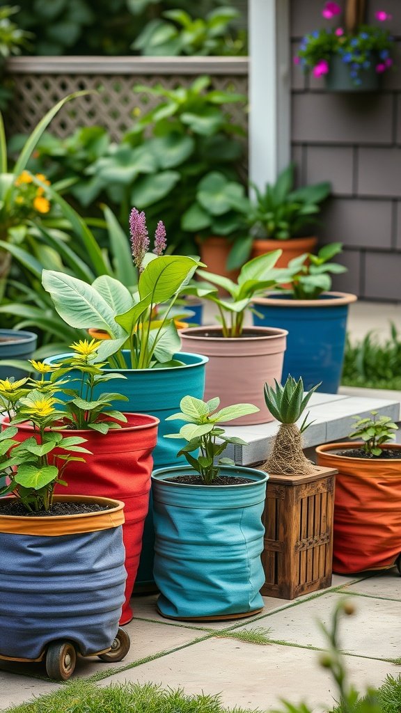 Colorful fabric pots in a garden, showcasing vibrant plants and a cheerful atmosphere.