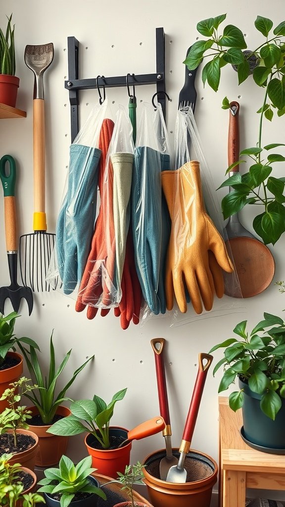 Colorful gardening gloves hanging in clear plastic bags on a wall-mounted rack, surrounded by plants and gardening tools.