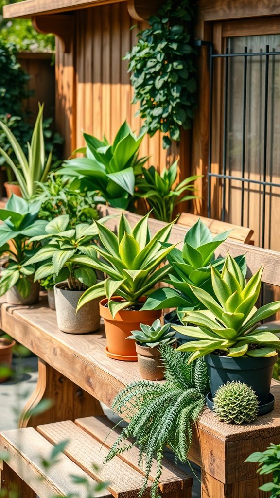 Wooden bench displaying various potted plants, including succulents and ferns, in an outdoor setting.