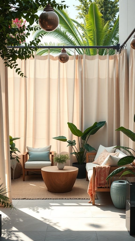 Cozy outdoor space with soft fabric curtains, plants, and seating