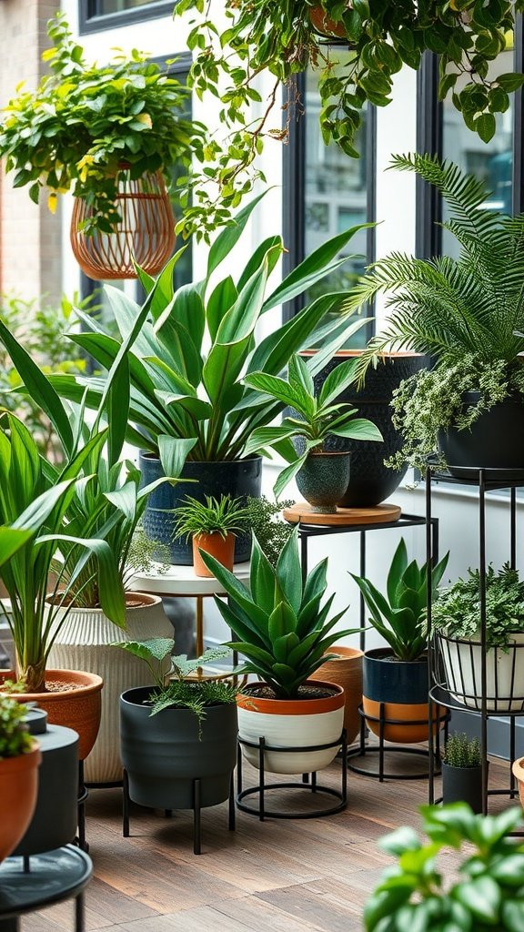 An arrangement of various plants displayed on elegant metal plant stands in an outdoor patio setting.