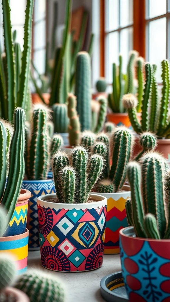 Colorful cactus pots painted with fun patterns