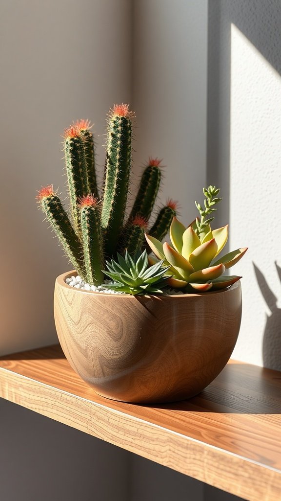 A unique indoor planter combining cacti and air plants, showcasing vibrant contrasts and textures.