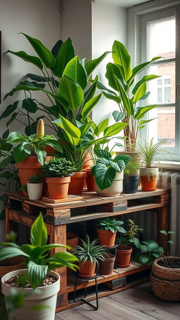 A wooden plant stand made from recycled pallet wood, displaying various potted plants in a bright indoor setting.