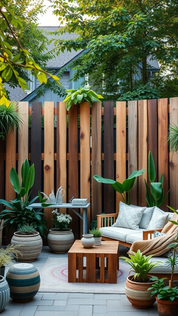 A cozy patio with a pallet wood privacy fence, decorated with plants and comfortable seating.