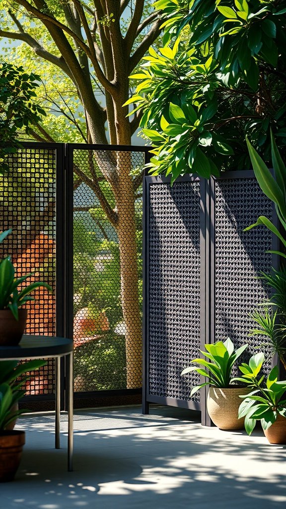 A modern perforated steel privacy fence surrounded by lush greenery, allowing light to shine through while providing privacy.