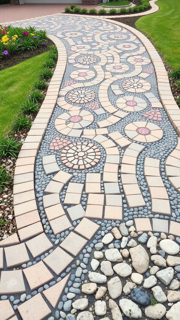 A curved pathway made of bricks with grass and flowers, showcasing a permeable driveway design.