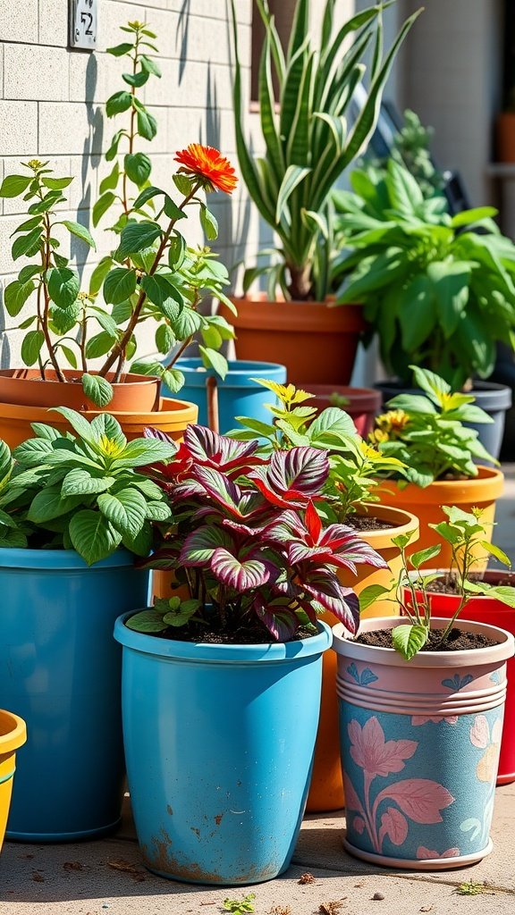 Colorful potted plants in a sunny outdoor setting.