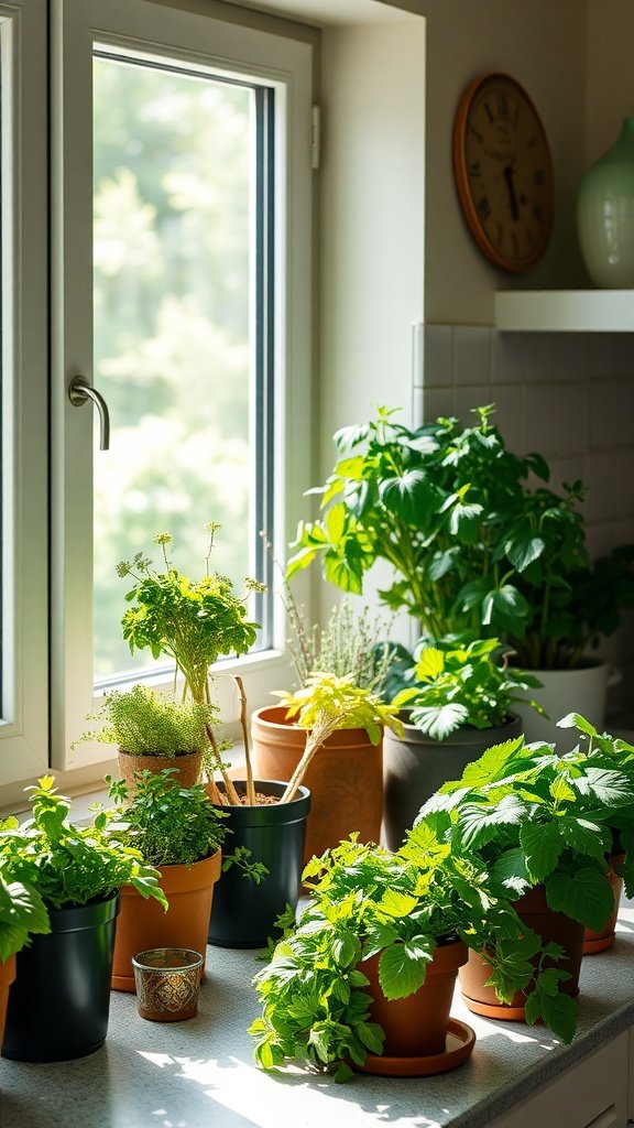 Various herbs placed on a sunny kitchen windowsill, showcasing vibrant green leaves and healthy growth.