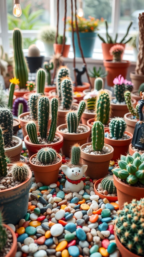 A vibrant collection of potted cacti in a cozy indoor setting.