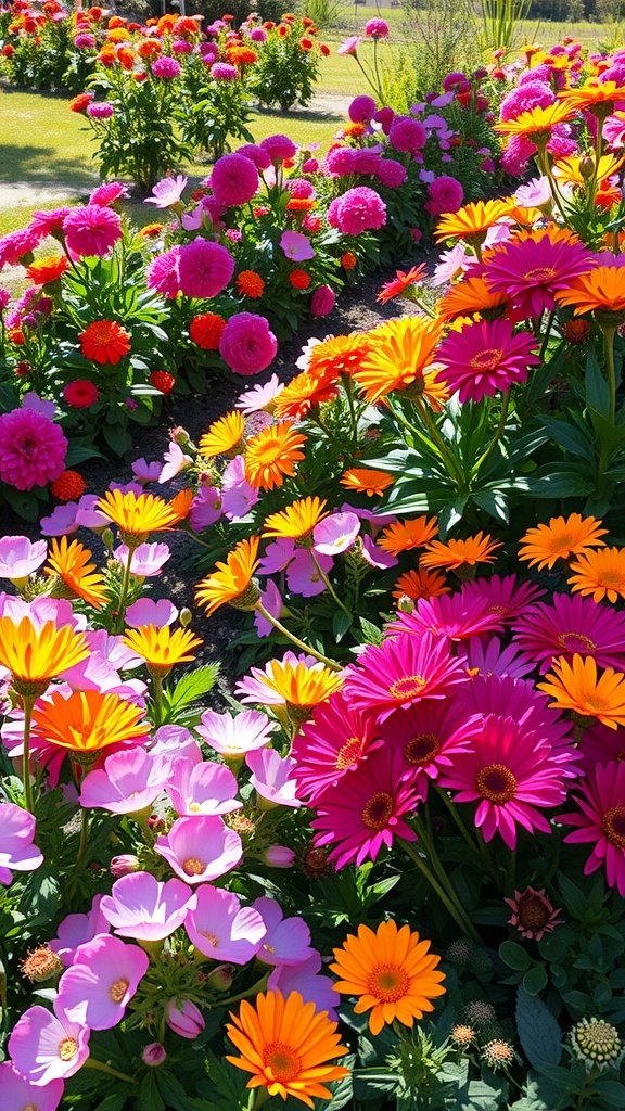 Vibrant flower garden with colorful blooms arranged in odd-numbered groupings.