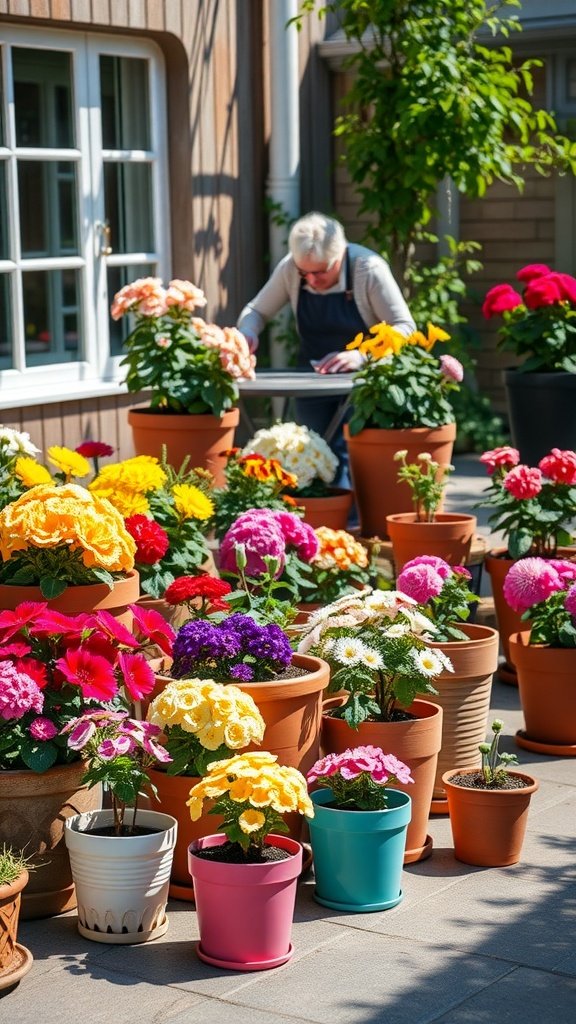 A vibrant array of potted flowers in various colors, with a gardener tending to them in a sunny outdoor space.